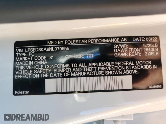 2022 Polestar 2 with VIN LPSED3KA9NL079555, listed as a Copart auction lot 67022294 with 36,781 mi miles and Salvage Title. Bid and sale history available at DreamBid. Image 12.