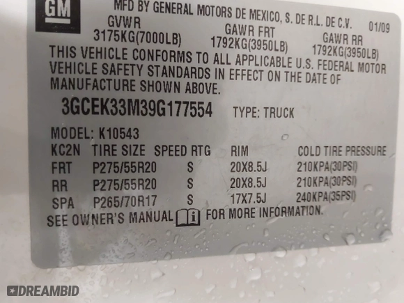 2009 Chevrolet Silverado 1500 LTZ with VIN 3GCEK33M39G177554, listed as a IAAI auction lot 41282566 with 142,356 mi miles. Bid and sale history available at carsss.com. Image 9.