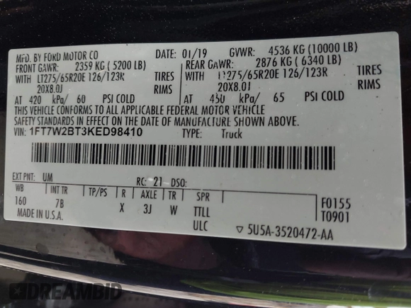 2019 Ford F-250 XL with VIN 1FT7W2BT3KED98410, listed as a IAAI auction lot 42166835 with 187,659 mi miles and . Bid and sale history available at DreamBid. Image 9.