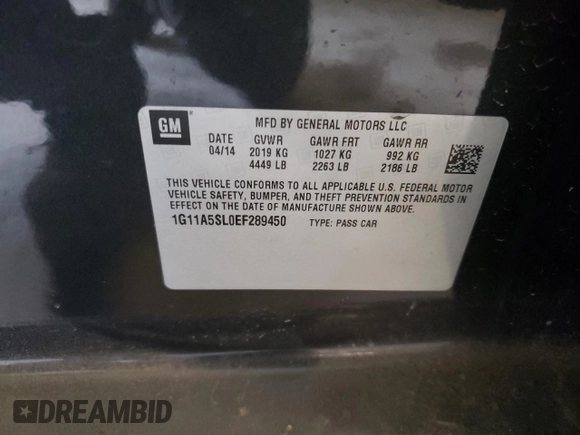 2014 Chevrolet Malibu LS with VIN 1G11A5SL0EF289450, listed as a Copart auction lot 49294135 with 52,730 mi miles and Salvage Title. Bid and sale history available at DreamBid. Image 12.