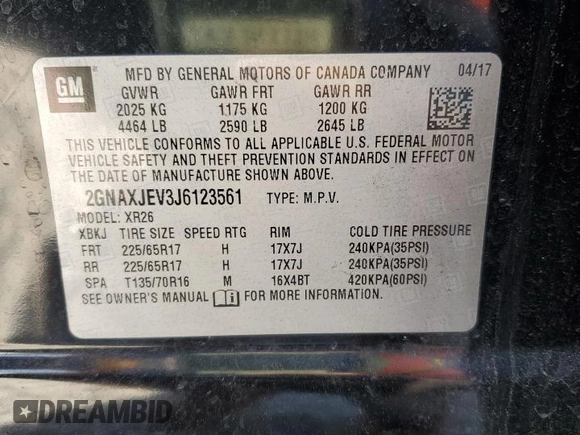 2018 Chevrolet Equinox LT with VIN 2GNAXJEV3J6123561, listed as a Copart auction lot 50716215 with 103,868 mi miles and Salvage Title. Bid and sale history available at DreamBid. Image 13.