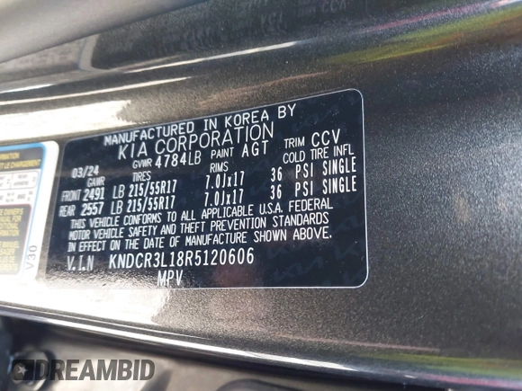 2024 Kia Niro Wind with VIN KNDCR3L18R5120606, listed as a IAAI auction lot 41812549 with 4,735 mi miles and . Bid and sale history available at DreamBid. Image 9.