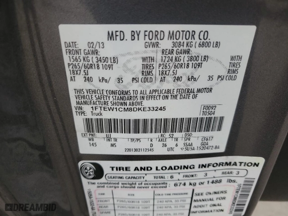2013 Ford F-150 XL with VIN 1FTEW1CM8DKE33245, listed as a Copart auction lot 44566645 with 164,196 mi miles and Salvage Title. Bid and sale history available at carsss.com. Image 15.