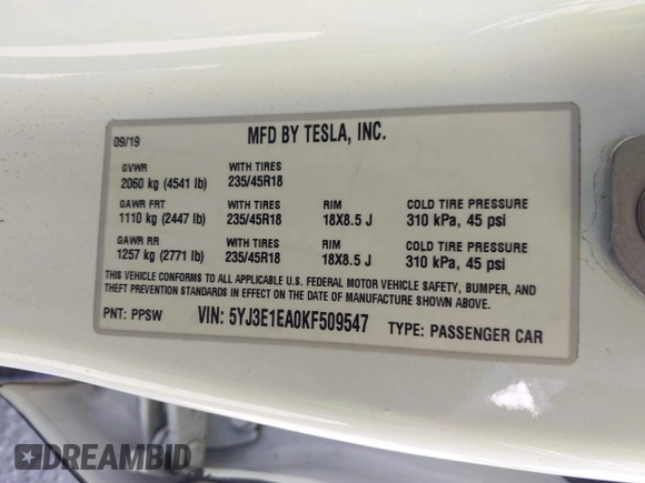 2019 Tesla Model 3 Mid Range with VIN 5YJ3E1EA0KF509547, listed as a IAAI auction lot 40720566 with 41,655 mi miles and . Bid and sale history available at DreamBid. Image 8.
