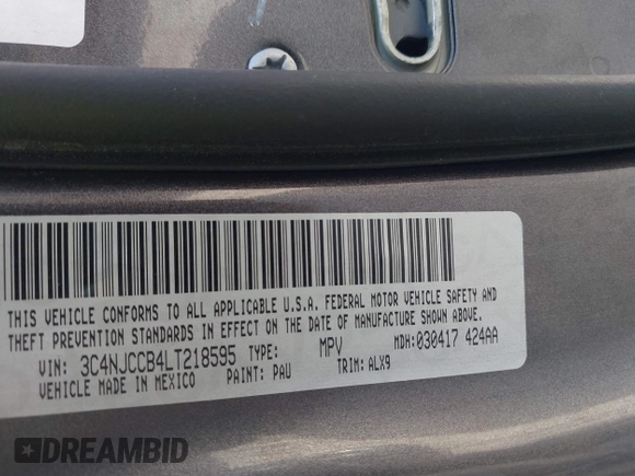 2020 Jeep Compass Limited with VIN 3C4NJCCB4LT218595, listed as a IAAI auction lot 42017002 with 90,737 mi miles and . Bid and sale history available at DreamBid. Image 9.