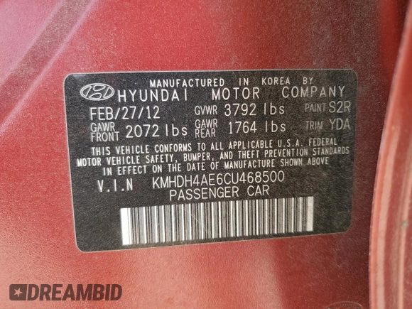 2012 Hyundai Elantra GLS z VIN KMHDH4AE6CU468500, wystawiony jako Copart lot #58522235 z przebiegiem 144 226 mil mil oraz Szkoda całkowita • Salvage title. Historia ofert i sprzedaży dostępna na DreamBid. Obrazek 12.