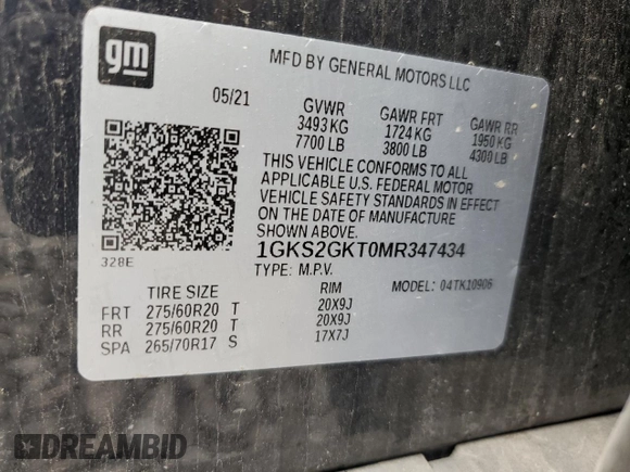 2021 GMC Yukon XL SLT with VIN 1GKS2GKT0MR347434, listed as a Copart auction lot 64186144 with 49,390 mi miles and Salvage Title. Bid and sale history available at carsss.com. Image 13.