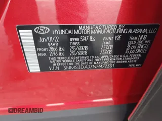 2022 Hyundai Santa Fe SEL with VIN 5NMS3DAJ7NH472301, listed as a IAAI auction lot 41634283 with 17,457 mi miles. Bid and sale history available at carsss.com. Image 9.