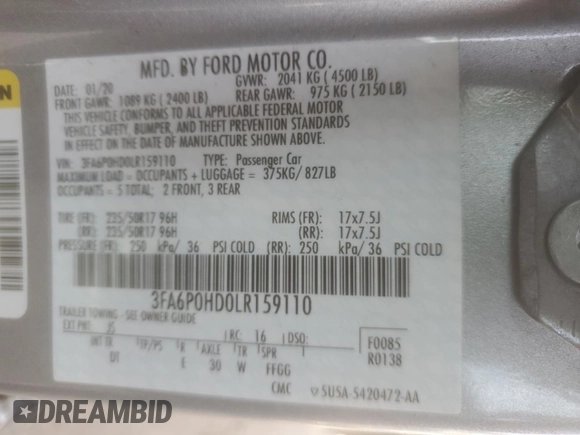2020 Ford Fusion SE with VIN 3FA6P0HD0LR159110, listed as a Copart auction lot 87076954 with 55,547 mi miles and Salvage Title. Bid and sale history available at DreamBid. Image 14.