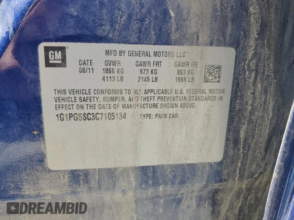 2012 Chevrolet Cruze 2LT with VIN 1G1PG5SC3C7105134, listed as a Copart auction lot 56122275 with 201,018 mi miles and Clean Title. Bid and sale history available at DreamBid. Image 13.