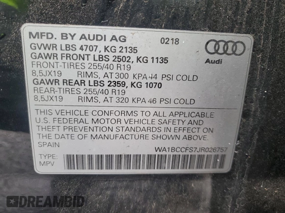 2018 Audi Q3 Premium with VIN WA1BCCFS7JR026757, listed as a Copart auction lot 48523745 with 46,315 mi miles and Salvage Title. Bid and sale history available at carsss.com. Image 13.