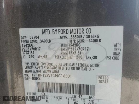 2004 Ford F-150 XL z VIN 1FTRF12W74NC16501, wystawiony jako Copart lot #57530505 z przebiegiem 186 508 mil mil oraz Szkody całkowita. Historia ofert i sprzedaży dostępna na DreamBid. Obrazek 12.