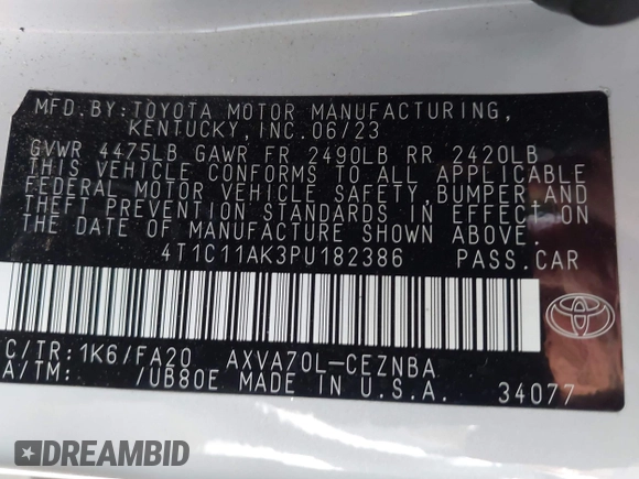 2023 Toyota Camry LE z VIN 4T1C11AK3PU182386, wystawiony jako IAAI lot #42118553 z przebiegiem 38 705 mil mil oraz . Historia ofert i sprzedaży dostępna na DreamBid. Obrazek 9.