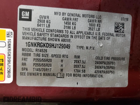 2017 Chevrolet Traverse LT with VIN 1GNKRGKD9HJ129049, listed as a Copart auction lot 44923115 with 149,695 mi miles and Salvage Title. Bid and sale history available at DreamBid. Image 13.