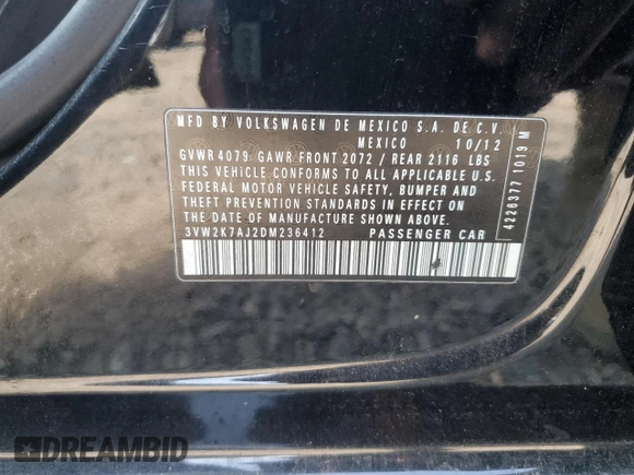 2013 Volkswagen Jetta S with VIN 3VW2K7AJ2DM236412, listed as a Copart auction lot 58314775 with 144,144 mi miles and Salvage title. Bid and sale history available at DreamBid. Image 12.