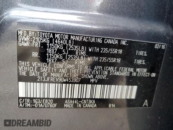 2016 Toyota RAV4 SE with VIN 2T3JFREV9GW453907, listed as a Copart auction lot 60438385 with 59,288 mi miles and Salvage title. Bid and sale history available at DreamBid. Image 14.