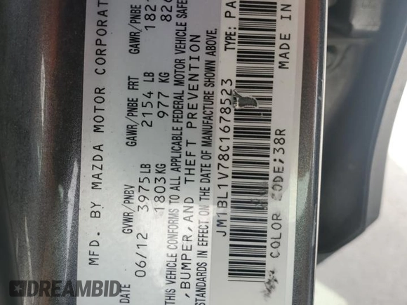 2012 Mazda 3 i Touring with VIN JM1BL1V78C1678523, listed as a Copart auction lot 48153035 with 113,429 mi miles and Salvage Title. Bid and sale history available at DreamBid. Image 12.