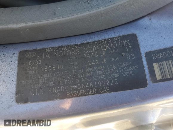 2004 Kia Rio with VIN KNADC165646193322, listed as a Copart auction lot 44667955 with 174,387 mi miles and Clean Title. Bid and sale history available at carsss.com. Image 12.