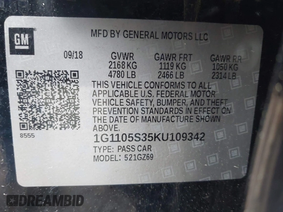 2019 Chevrolet Impala Premier with VIN 1G1105S35KU109342, listed as a IAAI auction lot 41926051 with 113,154 mi miles and . Bid and sale history available at DreamBid. Image 9.