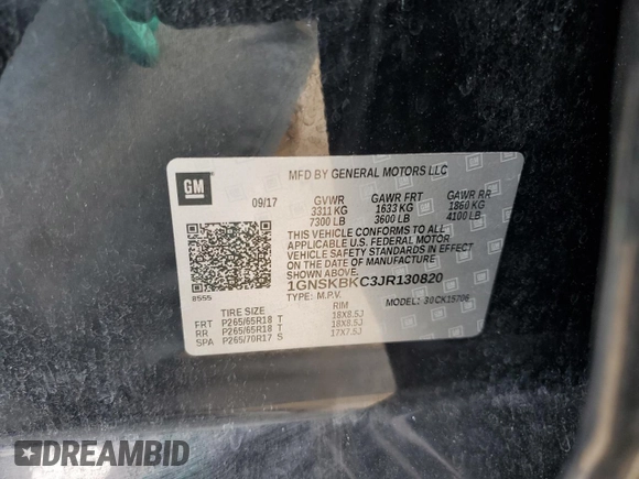 2018 Chevrolet Tahoe LT with VIN 1GNSKBKC3JR130820, listed as a Copart auction lot 60369785 with Not provided miles and Salvage title. Bid and sale history available at DreamBid. Image 13.