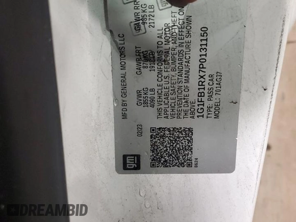 2023 Chevrolet Camaro 1LT с VIN 1G1FB1RX7P0131150, выставлен на аукционе Copart как лот 57781605 с пробегом 42 810 миль миль и Списание • Salvage title. История ставок и продаж доступна на DreamBid. Изображение 12.