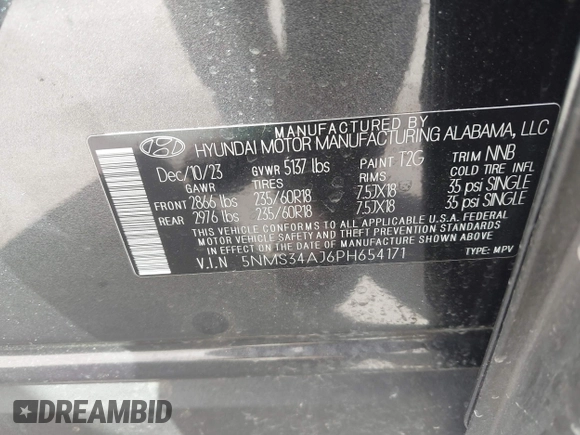 2023 Hyundai Santa Fe SEL z VIN 5NMS34AJ6PH654171, wystawiony jako IAAI lot #41702325 z przebiegiem 8 825 mil mil oraz . Historia ofert i sprzedaży dostępna na DreamBid. Obrazek 9.