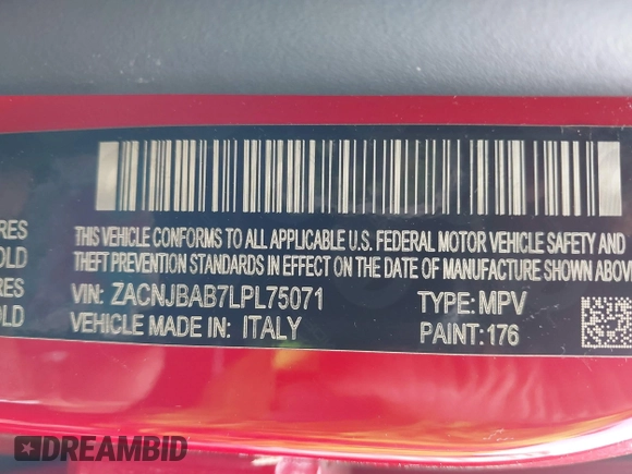 2020 Jeep Renegade Jeepster with VIN ZACNJBAB7LPL75071, listed as a IAAI auction lot 42017529 with 42,477 mi miles and . Bid and sale history available at carsss.com. Image 9.