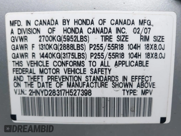 2007 Acura MDX Technology with VIN 2HNYD28317H527398, listed as a IAAI auction lot 40978213 with 151,671 mi miles and . Bid and sale history available at DreamBid. Image 9.