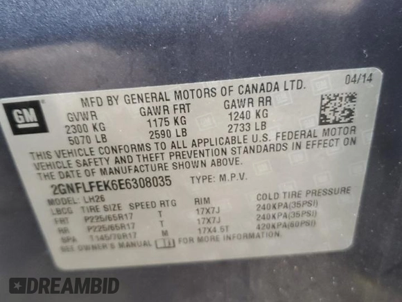 2014 Chevrolet Equinox LT with VIN 2GNFLFEK6E6308035, listed as a Copart auction lot 41829775 with 93,138 mi miles and Salvage Title. Bid and sale history available at DreamBid. Image 15.