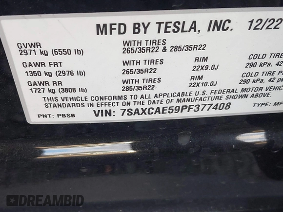 2023 Tesla Model X with VIN 7SAXCAE59PF377408, listed as a IAAI auction lot 41176738 with 32,496 mi miles and . Bid and sale history available at DreamBid. Image 9.