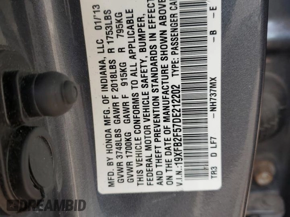2013 Honda Civic LX with VIN 19XFB2F57DE212202, listed as a Copart auction lot 54188345 with 121,369 mi miles and Salvage Title. Bid and sale history available at DreamBid. Image 12.
