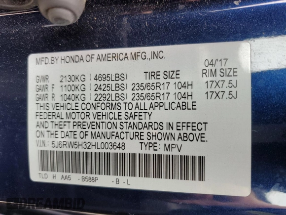 2017 Honda CR-V LX z VIN 5J6RW5H32HL003648, wystawiony jako Copart lot #58275485 z przebiegiem 142 726 mil mil oraz Szkoda całkowita • Salvage title. Historia ofert i sprzedaży dostępna na DreamBid. Obrazek 13.