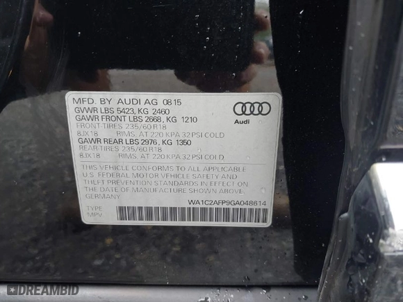 2016 Audi Q5 Premium with VIN WA1C2AFP9GA048614, listed as a IAAI auction lot 40426790 with 103,918 mi miles. Bid and sale history available at carsss.com. Image 9.