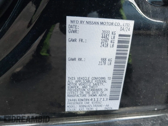 2024 Nissan Altima 2.5 SV with VIN 1N4BL4DW3RN411713, listed as a IAAI auction lot 41398309 with 8,540 mi miles. Bid and sale history available at carsss.com. Image 9.