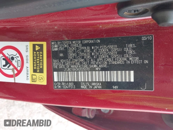2010 Lexus RX 450h with VIN JTJBC1BA3A2025070, listed as a IAAI auction lot 42712146 with 138,015 mi miles and . Bid and sale history available at DreamBid. Image 9.