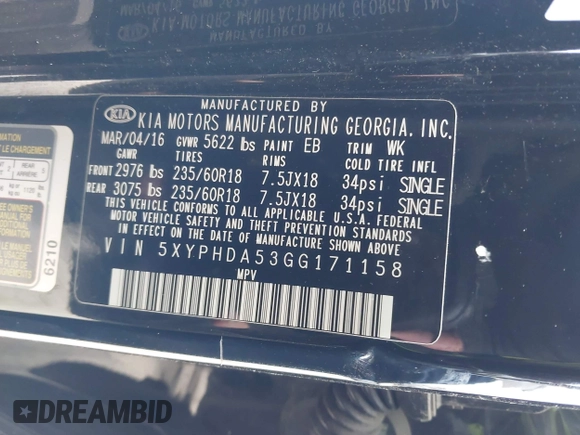 2016 Kia Sorento EX with VIN 5XYPHDA53GG171158, listed as a IAAI auction lot 42014017 with 219,595 mi miles. Bid and sale history available at carsss.com. Image 9.