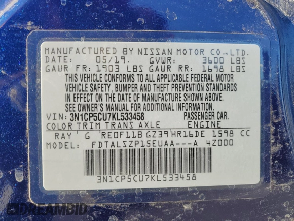 2019 Nissan Kicks S with VIN 3N1CP5CU7KL533458, listed as a Copart auction lot 42202135 with 126,323 mi miles and Salvage Title. Bid and sale history available at carsss.com. Image 13.