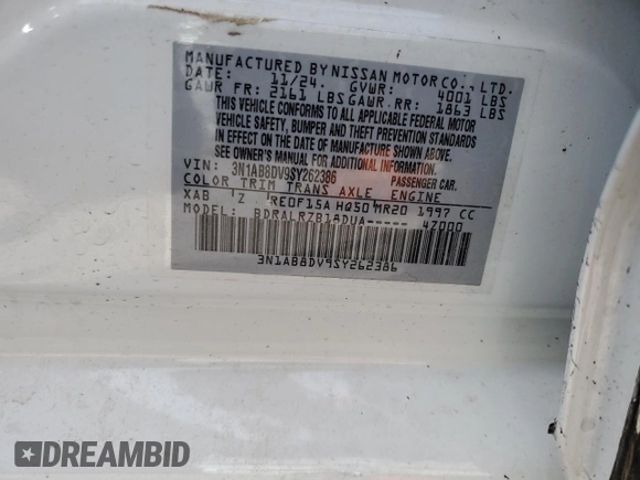 2025 Nissan Sentra SR with VIN 3N1AB8DV9SY262386, listed as a Copart auction lot 54690255 with Not provided miles and Salvage title. Bid and sale history available at DreamBid. Image 12.