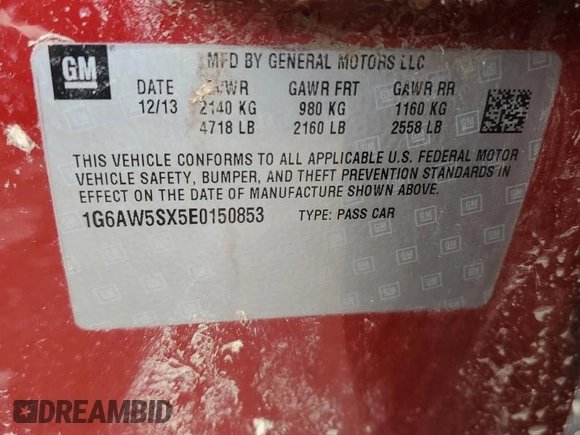 2014 Cadillac CTS AWD with VIN 1G6AW5SX5E0150853, listed as a Copart auction lot 57937305 with Not provided miles and Salvage title. Bid and sale history available at DreamBid. Image 12.