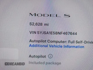 2022 Tesla Model S with VIN 5YJSA1E58NF467644, listed as a IAAI auction lot 42344403 with 52,628 mi miles and . Bid and sale history available at DreamBid. Image 15.