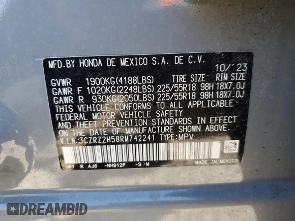 2024 Honda HR-V Sport with VIN 3CZRZ2H58RM742241, listed as a Copart auction lot 50595365 with 9,299 mi miles and Salvage Title. Bid and sale history available at carsss.com. Image 13.