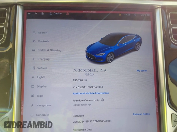 2014 Tesla Model S 60 z VIN 5YJSA1H15EFP48938, wystawiony jako IAAI lot #41574976 z przebiegiem 230 246 mil mil oraz . Historia ofert i sprzedaży dostępna na DreamBid. Obrazek 7.