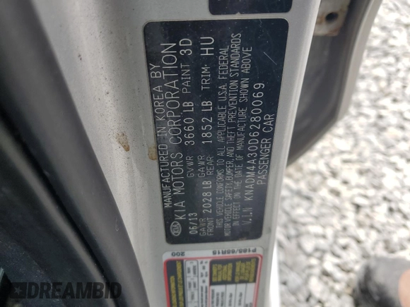 2013 Kia Rio LX with VIN KNADM4A30D6280069, listed as a Copart auction lot 52555955 with 146,748 mi miles and Clean Title. Bid and sale history available at carsss.com. Image 12.