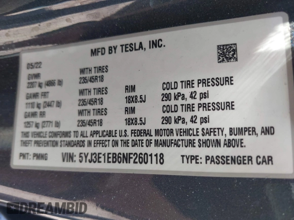 2022 Tesla Model 3 Long Range z VIN 5YJ3E1EB6NF260118, wystawiony jako IAAI lot #42139962 z przebiegiem 52 566 mil mil oraz . Historia ofert i sprzedaży dostępna na DreamBid. Obrazek 9.