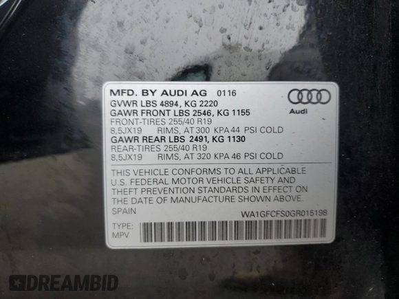 2016 Audi Q3 Prestige with VIN WA1GFCFS0GR015198, listed as a Copart auction lot 50299895 with 47,354 mi miles and Salvage title. Bid and sale history available at DreamBid. Image 13.