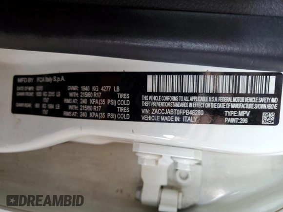 2015 Jeep Renegade Latitude with VIN ZACCJABT0FPB46280, listed as a Copart auction lot 56251035 with 85,211 mi miles and Clean Title. Bid and sale history available at DreamBid. Image 12.