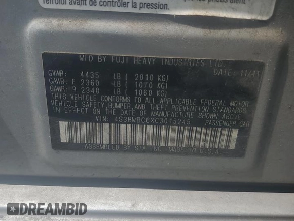 2012 Subaru Legacy Premium with VIN 4S3BMBC6XC3015245, listed as a Copart auction lot 62282425 with 209,523 mi miles and Salvage title. Bid and sale history available at DreamBid. Image 12.