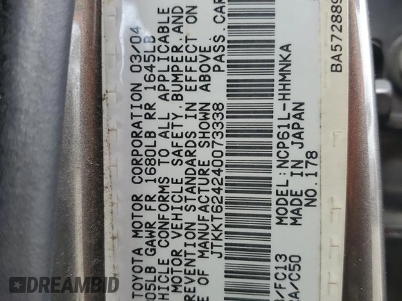 2004 Scion xA with VIN JTKKT624240073338, listed as a Copart auction lot 53892895 with 133,409 mi miles and Salvage Title. Bid and sale history available at DreamBid. Image 12.