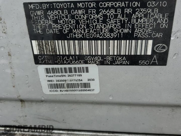 2010 Lexus ES 330 z VIN JTHBK1EG9A2383911, wystawiony jako Copart lot #59147295 z przebiegiem 260 333 mil mil oraz Szkoda całkowita • Salvage title. Historia ofert i sprzedaży dostępna na DreamBid. Obrazek 13.