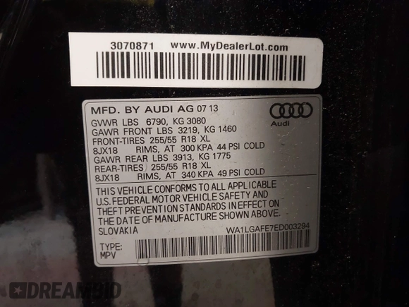 2014 Audi Q7 Premium Plus with VIN WA1LGAFE7ED003294, listed as a IAAI auction lot 42318454 with 113,719 mi miles and . Bid and sale history available at DreamBid. Image 9.